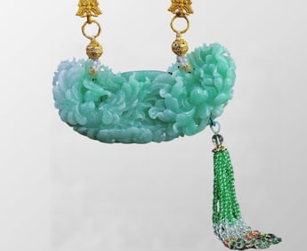 Exquisite Jadeite Carved Phoenix Pendant w Hand Woven Jadeite Beads Necklace