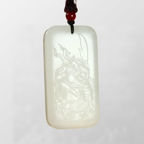 Chinese Natural Hetian Jade Low Relief General Guangong Pendant
