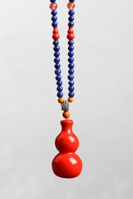 Beautiful Cinnabar Carved Gourd Pendant w Hand Woven Lapis Lazuli & Beeswax & Agate Beads Necklace