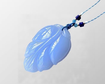 Beautiful Natural Blue Agate Carved Leaf Pendant w Hand Woven Beads Necklace