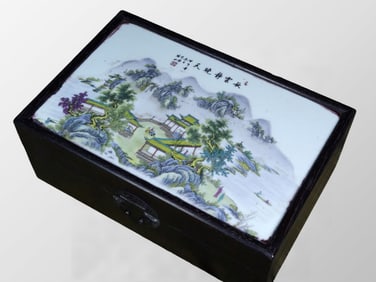 Vintage Chinese Zitan Wood Inlay Porcelain Plaque Live In Remote Mountains Design Jewellery Box