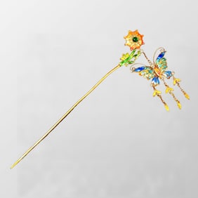 Beautiful Chinese Gilt Gold Enamel Cloisonne Butterfly Hairpin