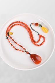 Beautiful Chinese Nanhong Agate Carved Water Droplet Pendant w Hand Woven Beads Necklace