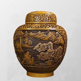 Chinese Yellow Lacquerware Low Relief Live In Remote Mountains Design Pot