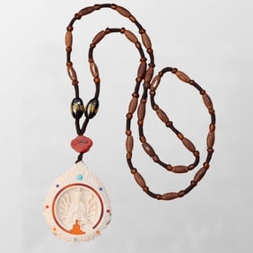 Vintage Bone Carved Thousand-hand Bodhisattva Pendant w Hand Woven Chenxiang Wood Necklace