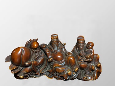 Vintage Chinese Boxwood Wood Carved Taoism Deity Fukurokuju Statue