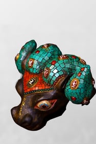 Vintage Meteorite Inlay Turquoise & DZI Agate Ox Head Statue
