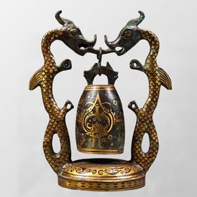 Vintage Chinese Gilt Gold Copper Double Dragon Music Bell
