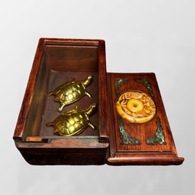 Vintage Chinese Gilt Gold Copper Turtle Shell Statue w Huali Wood Box