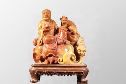 Superb Chinese Tianhuang Stone Carved Arhat & Beast Statue