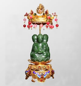Exquisite Chinese Green Hetian Jade Carved Three Buddha Statue w Gold Wires Enamel Inlay Gems Base