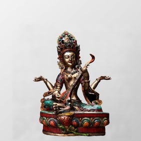 Tibetan Buddhism Gilt Gold Copper Inlay Turquoise & Gems Miaoyin Buddha Statue