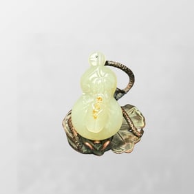 Chinese Natural Hetian Jade Carved Fortune Cicada Gourd Shape Pendant