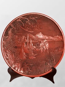 Vintage Chinese Red Lacquerware Low Relief Figure Design Plate