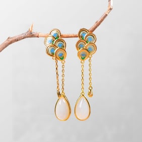 A Pair Beautiful 925 Silver Plated Gilt Gold Enamel Inlay Hetian Jade Earring
