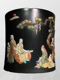 Vintage Chinese Zitan Wood Inlay Shoushan Stone Sages Meeting Brush Pot