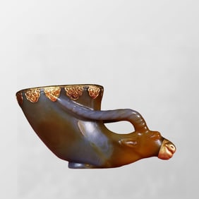 Vintage Chinese Inlaying Gold Edge Agate Fortune Ox Cup