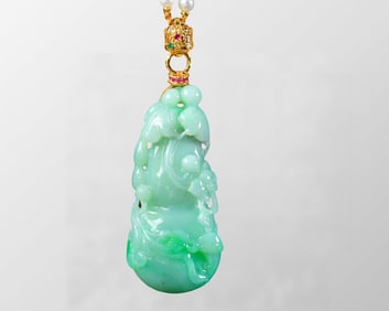 Exquisite Jadeite Carved Gourd Pendant w Hand Woven Beads Necklace