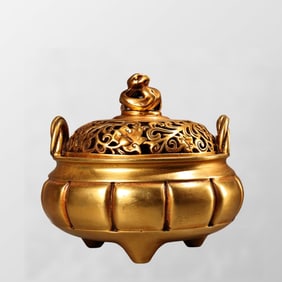 Vintage Chinese Gilt Gold Copper 3 Leg Double Ear Incense Burner