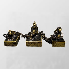 A Set Vintage Chinese Gilt Gold Copper Fortune Beast Chain Seals