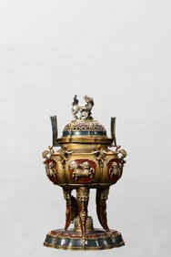 Chinese Colored Drawing Gilt Gold Copper 3 Leg Double Ear Incense Burnr w Base