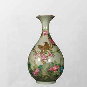 Chinese Ru Kiln Famille Rose Plum Flower & Magpie Design Porcelain Vase