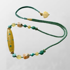 Hand Woven Beautiful Beeswax Lucky Pendant w Turquoise Beads Necklace