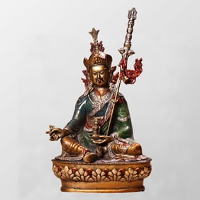 Tibetan Buddhism Colored Drawing Gilt Gold Copper Padmasambhava Buddha Statue