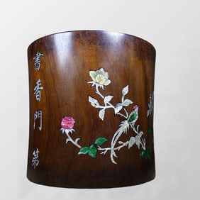 Vintage Chinese Huali Wood Inlay Shell Flowers Bird Design Brush Pot