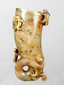 Vintage Chinese Gilt Gold Hetian Jade High Relief Chi Dragon Wine Cup