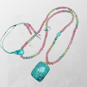 Exquisite Turquoise Lucky Pendant w Hand Woven Tourmaline Beads Necklace