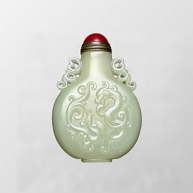 Chinese Natural Hetian Jade Low Relief Dragon Phoenix Snuff Bottle