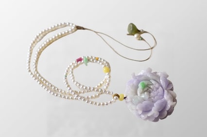 Exquisite Purple Jadiete Carved Peony Pendant w Hand Woven Pearl Beads Necklace