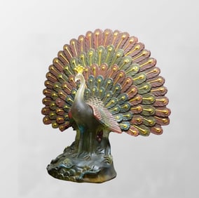 Chinese Gilt Gold Famille Rose Peking Glass Peacock Statue