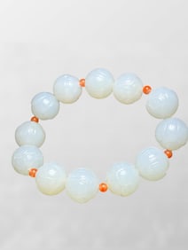 Superb Chinese Natural Hetian Jade Carved Lotus Flower Beads Bracelet