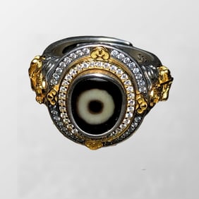 Vintage Tibetan Silver Inlay DZI Agate Ring
