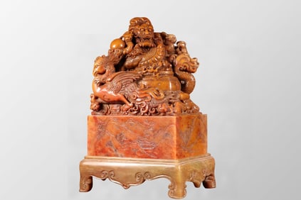 Superb Old Chinese Shoushan Stone Carved Dragon Phoenix Seal Statue