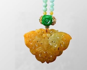Beautiful Yellow Carved Butterfly Pendant w Jadeite Beads Necklace
