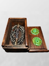 Vintage Tibetan DZI Agate Lucky Pendant w Huali Wood Box