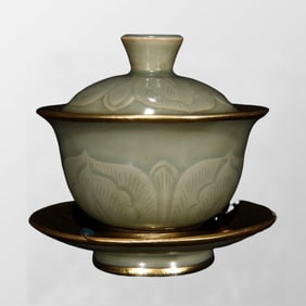 Chinese Inlaying Gold Edge Yue Kiln Porcelain Teabowl w Saucer