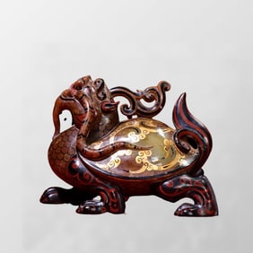 Vintage Chinese Gilt Gold Colored Drawing Hetian Jade Carved Dragon Turtle Statue