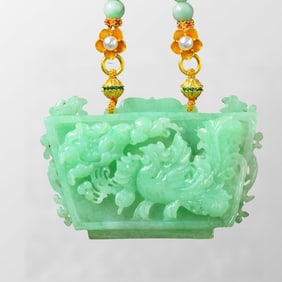 Exquisite Jadeite Carved Phoenix & Peony Pendant w Hand Woven Beads Necklace