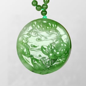 Hand Carved Chinese Green Hetian Jade Carp & Lotus Flower Pendant
