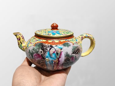 Antique Chinese Famille Rose Enamel Yixing Zisha Figure Design Teapot