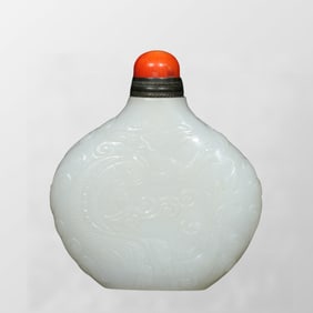 Superb Chinese White Hetian Jade Low Relief Fortune Dragon Snuff Bottle