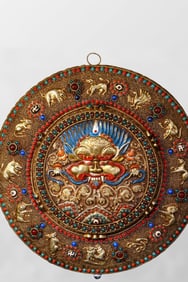 Tibetan Buddhism Gold Wire Copper Inlay DZI Agate & Turquoise & Lapis Lazuli Tangka