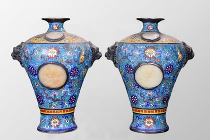 A Pair Superb Old Chinese Copper Cloisonne Inlay Hetian Jade Vase
