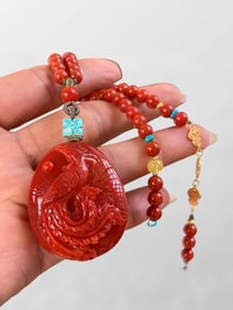 Chinese Nanhong Agate Carved Phoenix Pendant w Hand Woven Beads Necklace