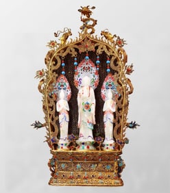 Exquisite Chinese Colored Drawing White Hetian Jade Three Buddha Statue w Gold Wires Enamel Base
