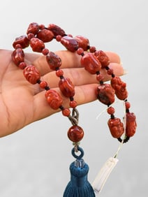 Hand Woven Chinese Nanhong Agate Carved Eighteen Arhats Beads Necklace